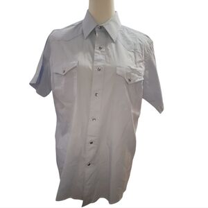 VINTAGE WRANGLER cowboy cut baby blue pearl snap front & pocket shirt top xl